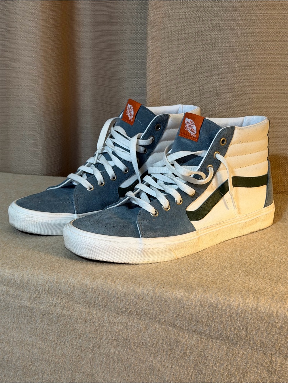 Vans High-Top Sneakers in Blue, White and Dark Green with Brown Tongue Patch